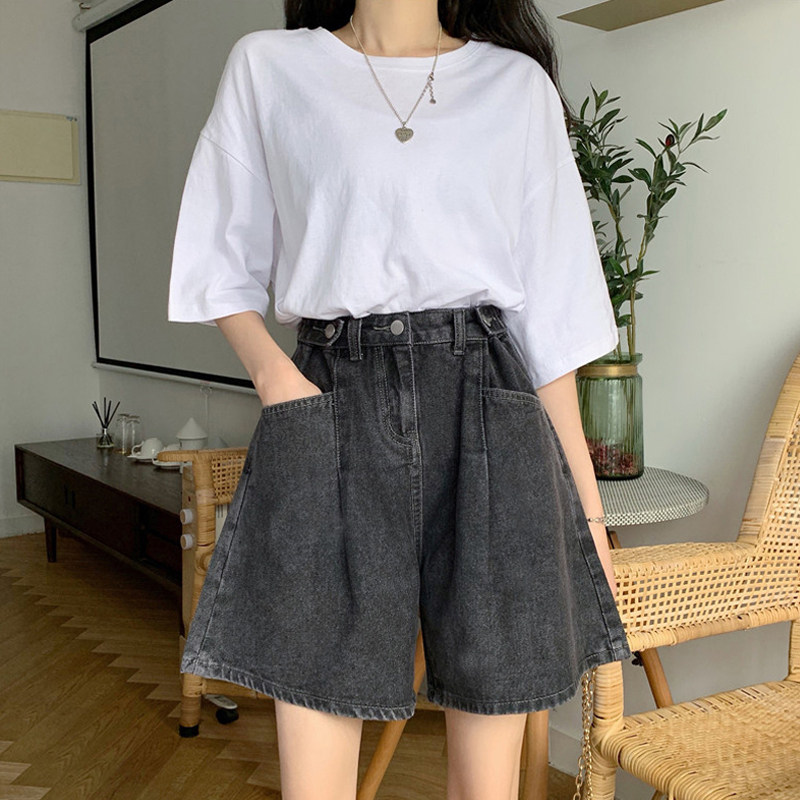 大码女装宽松牛仔短裤胖妹妹mm薄款高腰显瘦百搭阔腿a字五分裤女