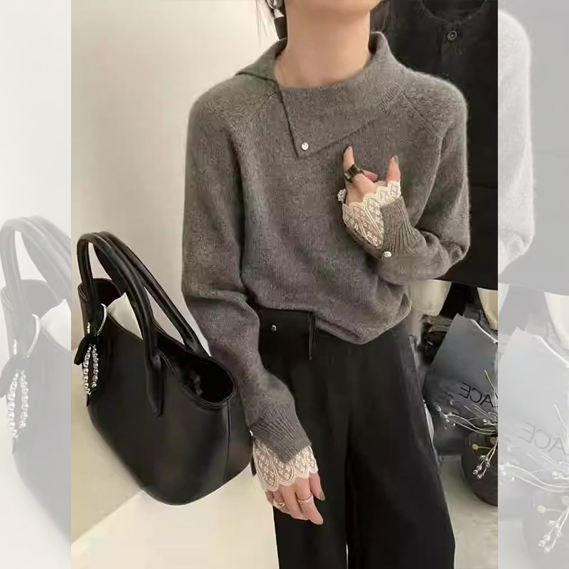 欧货浣熊绒斜领蕾丝套头毛衣女秋冬季加厚内搭高级感软糯针织上衣