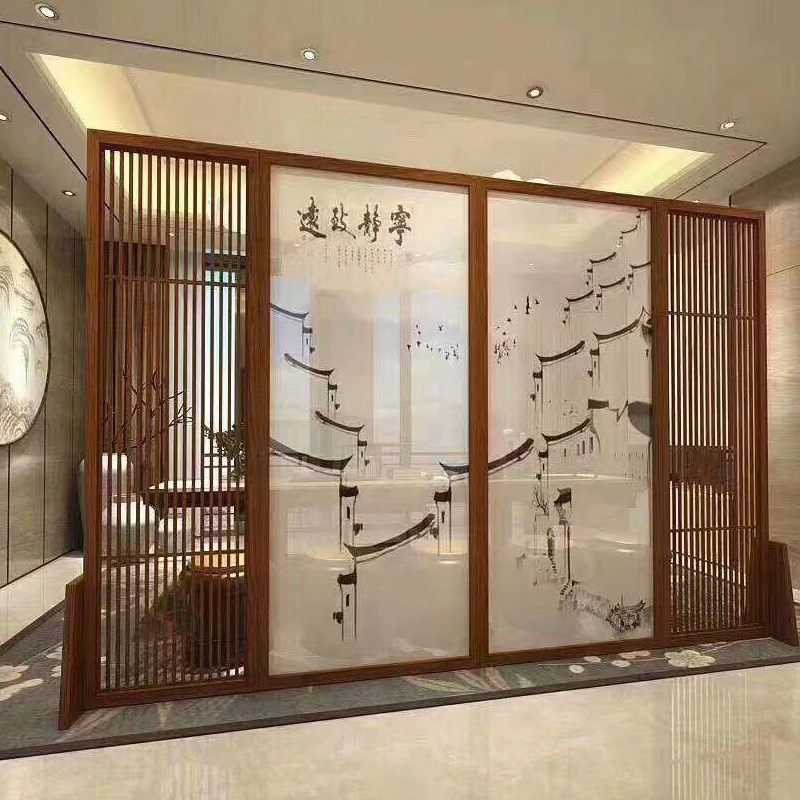 新中式隔断木质纱画屏风木雕实木花格镂I空客厅玄关仿古木格栅定