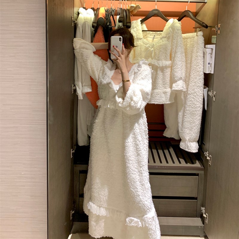 秋冬甜美女生家居服慵懒长裙睡裙 优雅女神温柔可外穿睡衣套装 女
