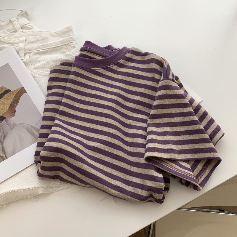 韩版紫色条纹短袖T恤女宽松显瘦复古百搭圆领打底衫上衣夏季新款