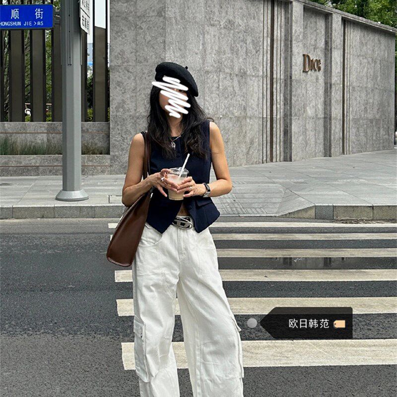 大码白色工装裤美式牛仔裤女夏季设计感多口袋高腰宽松阔腿裤子潮