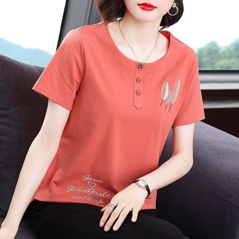 妈妈短袖t恤女 夏装休闲洋气纯棉半袖外穿小衫中老年百搭遮肚上衣