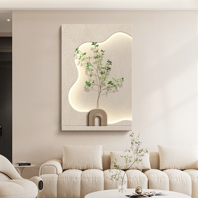 奶油风客厅装饰画高级感绿植沙发背景G墙壁画灯简约立体玄关墙挂