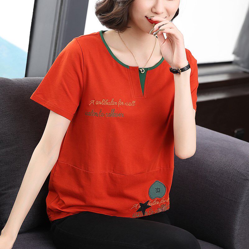 妈妈纯棉短袖T恤女2024夏装新款中老年宽松洋气上衣遮肚半袖小衫