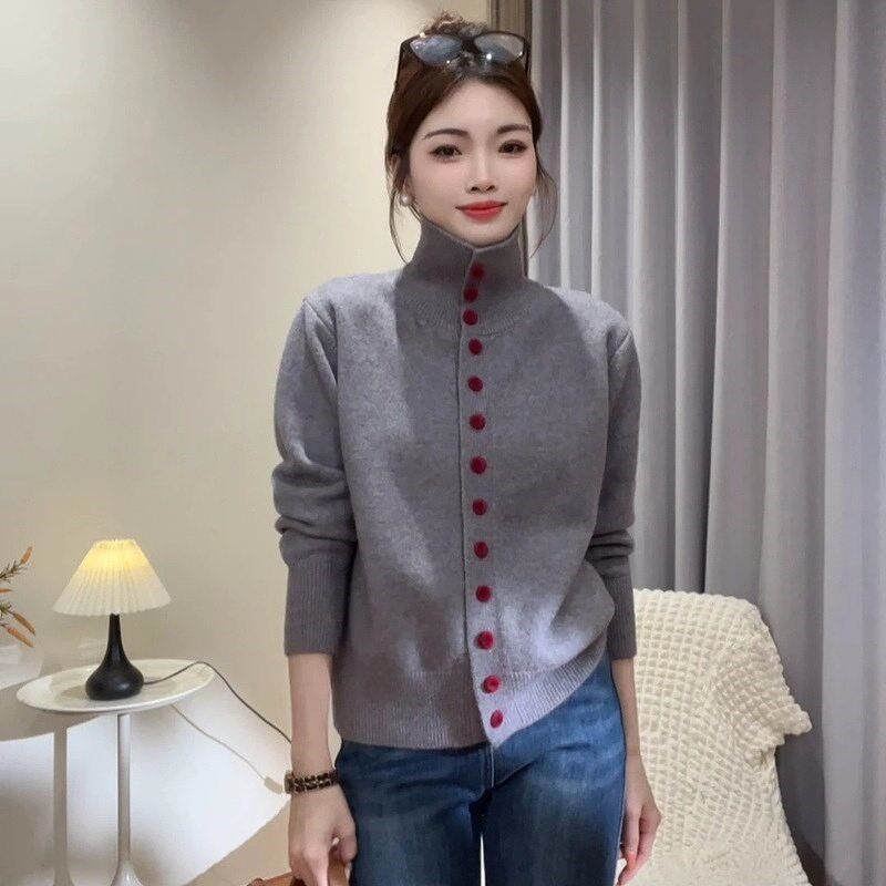 2025早春季新款高领针织开衫女复古韩系慵懒风高级感加厚毛衣外套