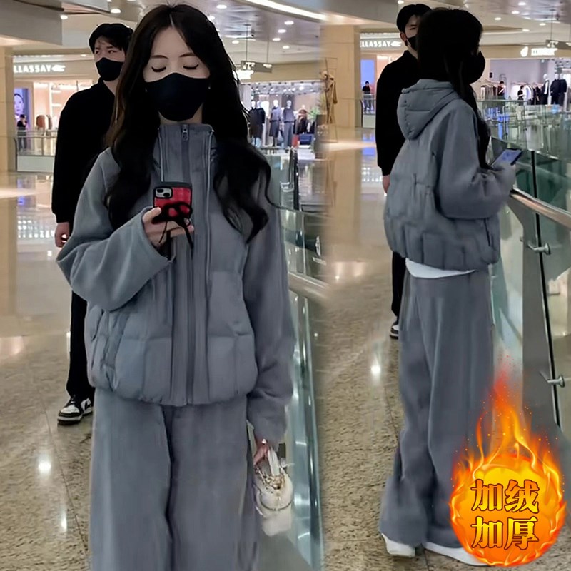 时尚休闲运动套装女秋冬装新款拼接棉衣加厚外套加绒直筒裤两件套
