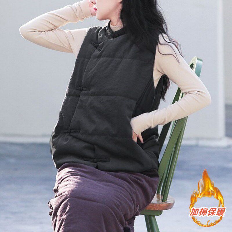 复古新中式斜襟盘扣立领夹棉马甲女冬季宽松无袖棉衣背心外穿坎肩