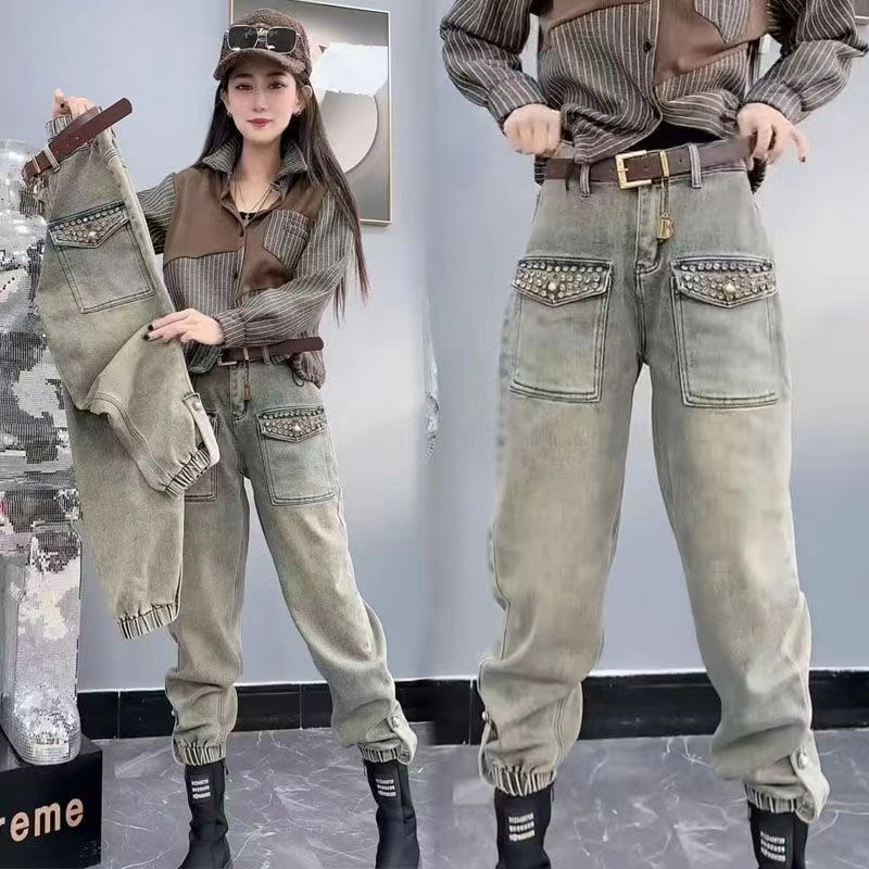 重工镶钻工装牛仔裤女秋季新款浅色高腰显瘦弹力束脚裤九分老爹裤