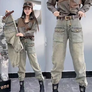 牛仔裤 九分老爹裤 女秋季 浅色高腰显瘦弹力束脚裤 新款 重工镶钻工装