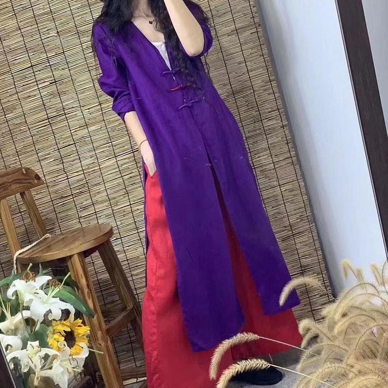 民族风春秋复古盘扣亚麻中长款风衣棉麻阔腿裤复古两件套麻料女装