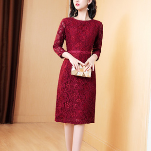 红色蕾丝洋装女2023年春秋新款修身气质开叉包臀中国风改良旗袍