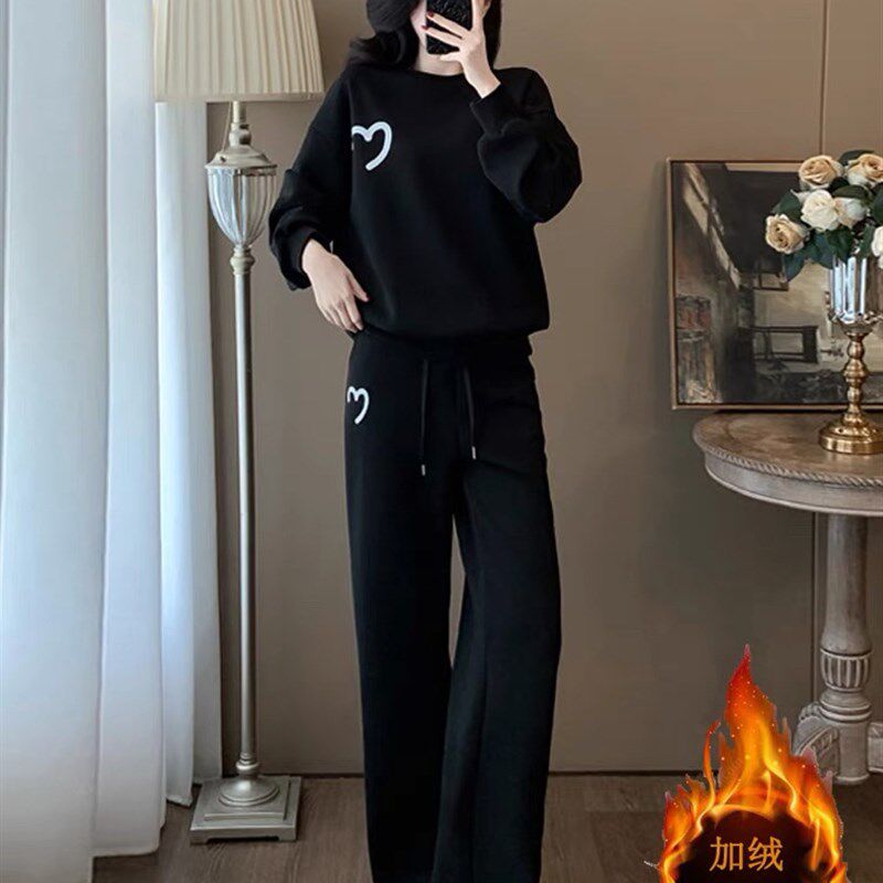黑色高级感运动休闲套装女秋冬时尚洋气减龄加绒卫衣阔腿裤两件套