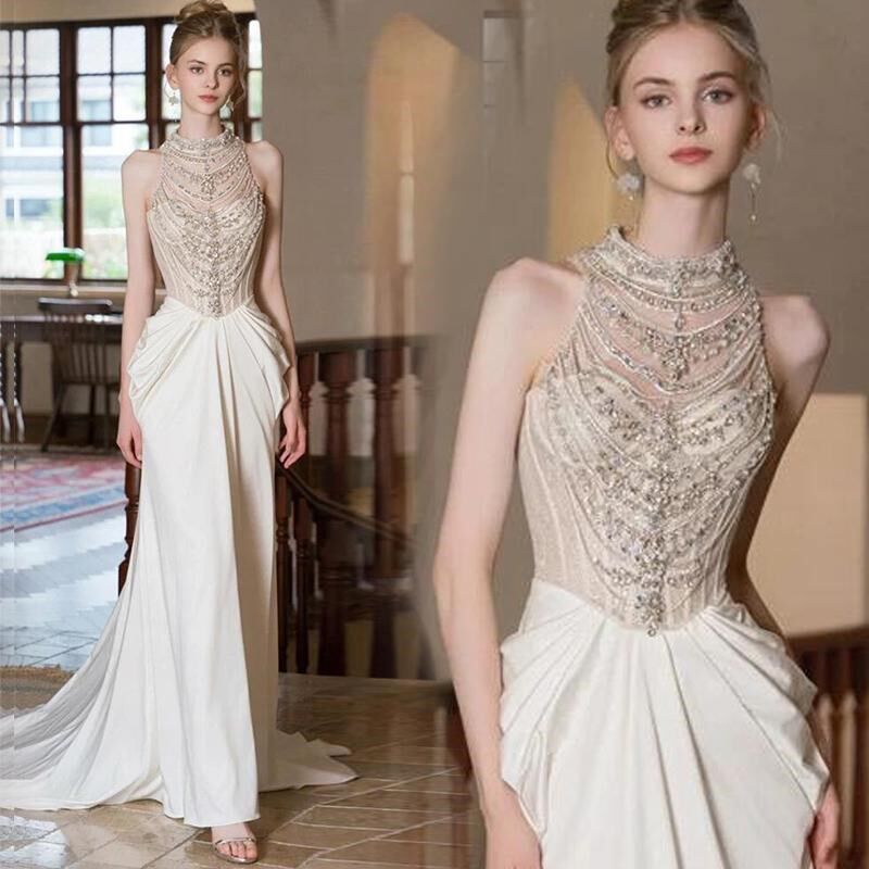 宴会晚礼服裙重工挂脖小众鱼尾法式高级感订婚年会主持人演出服女