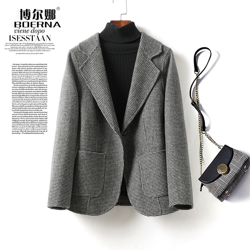 双面羊绒大衣女短款修身气质格子西装领秋冬新款羊毛呢外套小个子