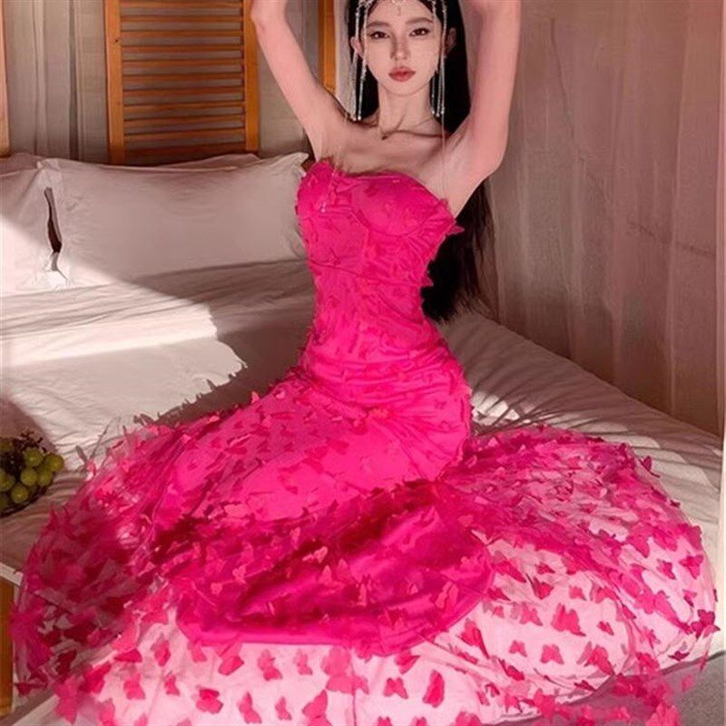 法式抹胸玫红色婚礼晨袍女高级感新娘订婚结婚晨拍礼服连衣裙高级