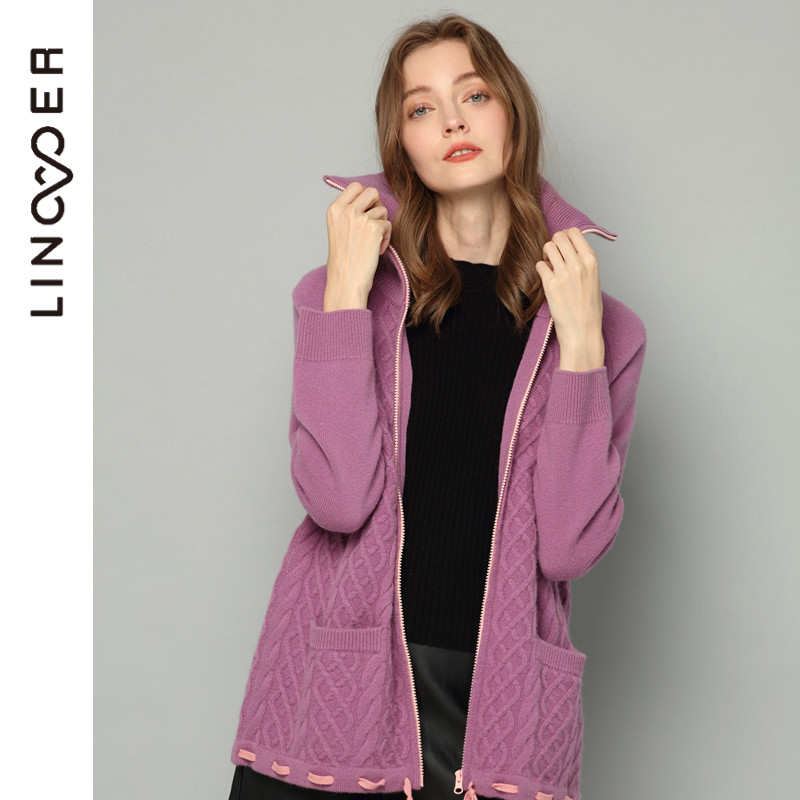 拉链绞花插肩袖女羊绒开衫宽松针织上衣外搭 纯色加厚慵懒风外套