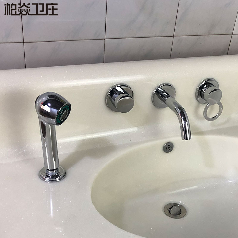 全铜圆体浴室柜墙式水龙头两三四件套冷热洗手脸盆面盆抽拉出水器