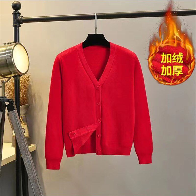 红色针织一体绒加绒加厚开衫女厚款毛衣外套工作服冬季保暖上衣女