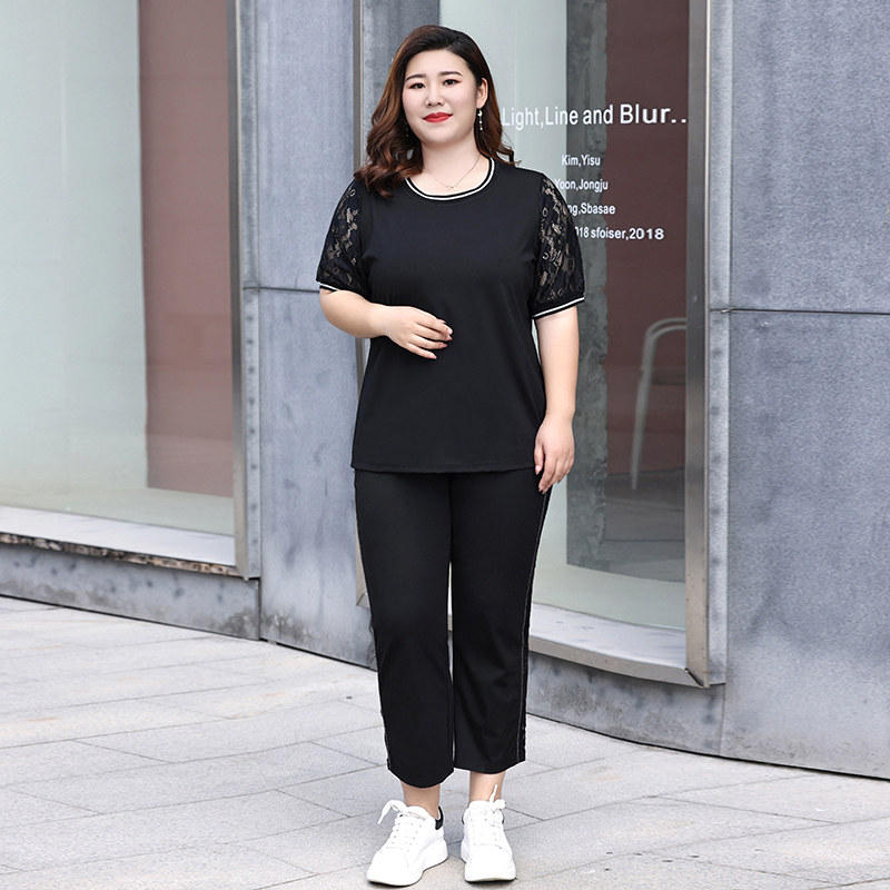 大码女装胖mm时尚洋气套装夏季新款宽松显瘦胖妈妈运动休闲两件套