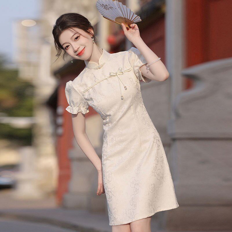 短款旗袍新款2025年轻款少女夏季新中式小个子显高提花改良连衣裙