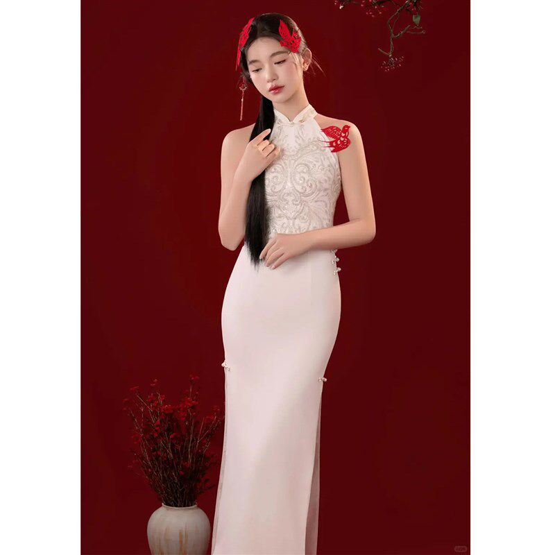 新娘婚礼礼服女新中式古典国风旗袍修身领证订婚立领无袖连衣裙女