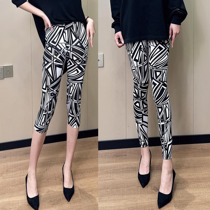 春季打底裤女薄款外穿时尚印花裤子女妈妈高腰中老年七分裤小脚裤