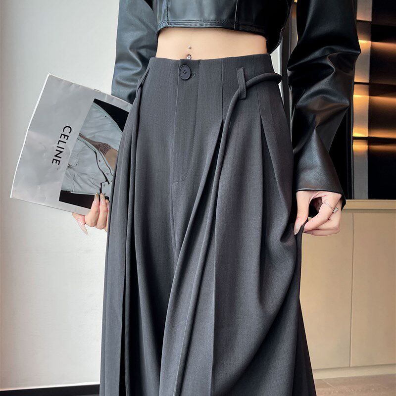 高级感灰色西装阔腿裤女春秋2025新款高腰垂感显瘦宽松拖地直筒裤