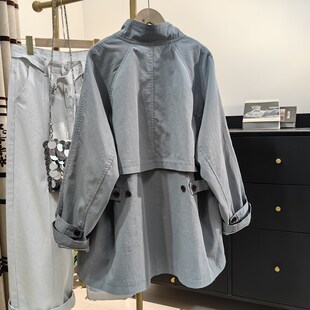 高级感立领灰色短款风衣女春秋新款设计感小个子别致上衣宽松外套