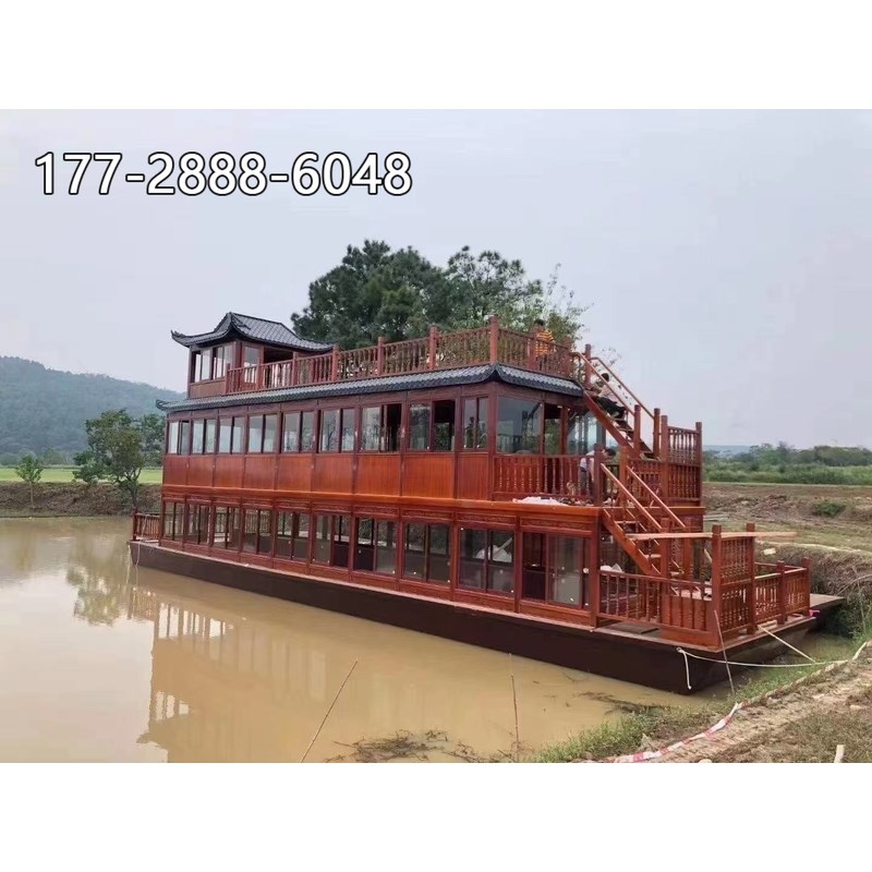 画舫船木船大型水上餐饮船双层电动游船仿古实木质V房船观光旅游
