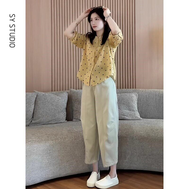 夏季减龄一整套穿搭法式设计感长袖波点衬衫阔腿休闲裤洋气两件套