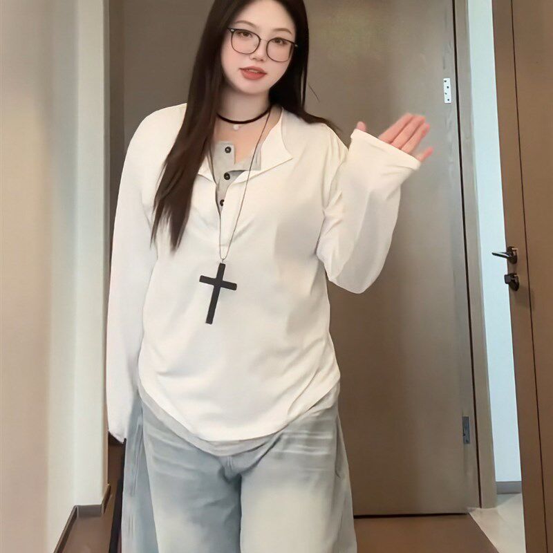 假两件正肩长袖T恤女秋季大码胖mm韩系撞色慵懒风宽松上衣打底衫