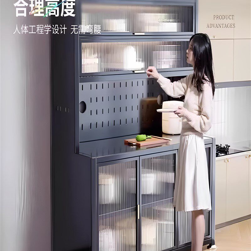 厨房多功能置物架落地多层碗微波炉收纳餐边柜靠R墙一体储物收纳