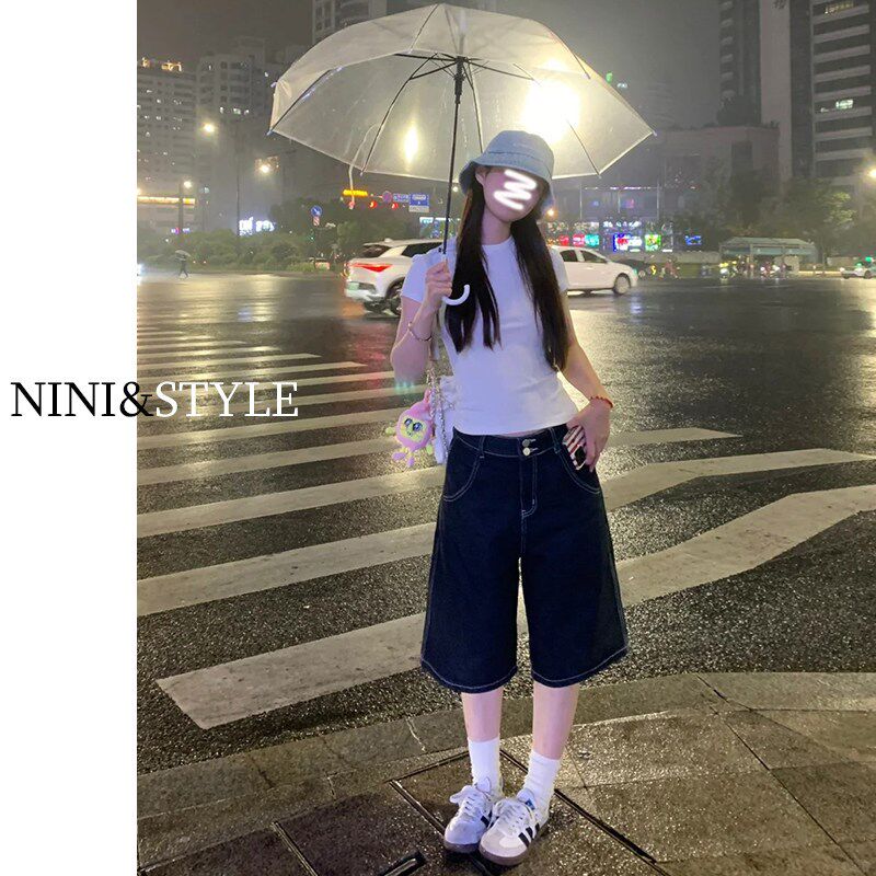 黑色七分牛仔短裤女2025新款夏季薄款高腰宽松直筒阔腿中裤五分裤