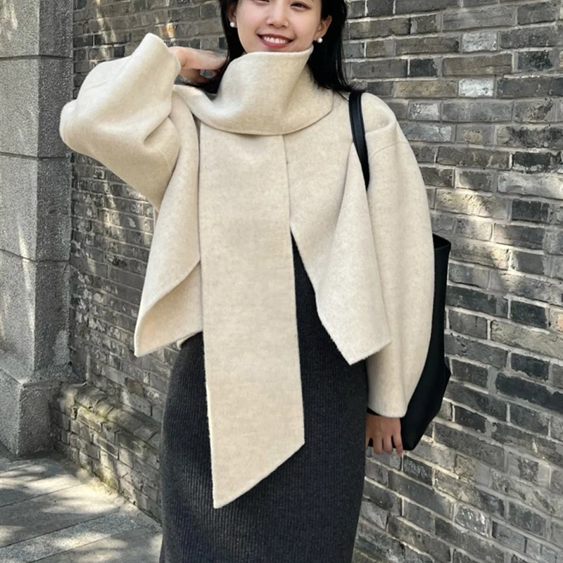 90%羊毛10%羊驼毛围巾领燕麦色短款小个子宽松呢子双面尼大衣羊驼