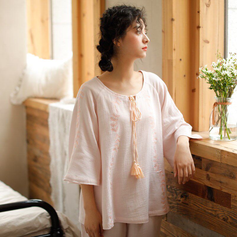 外贸日单女士纯棉纱布刺绣流苏七分袖长裤家居服 蔓秋日式睡衣女