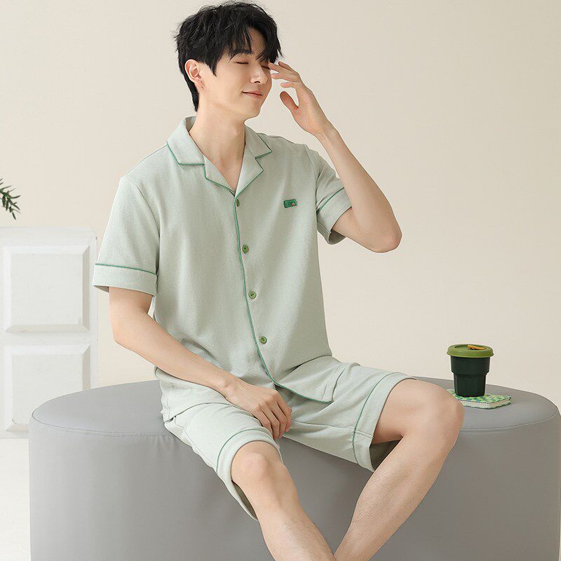 2025新款纯棉睡衣男夏季短袖短裤开衫100%全棉夏天薄款家居服套装