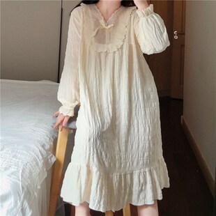 睡衣女士纯纱布棉睡裙夏加肥加大码胖mm200斤长袖宽松连体可外穿3