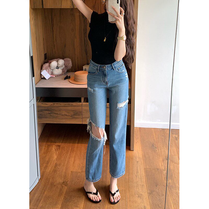 李李服饰窄版破洞直筒牛仔裤女24夏季薄款高腰修身显瘦直筒九分裤