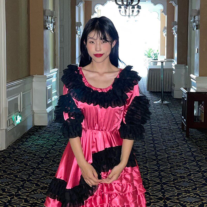 南君代梦歌复古小众设计玫红蕾丝连衣裙蓬蓬裙蛋糕裙生日礼服
