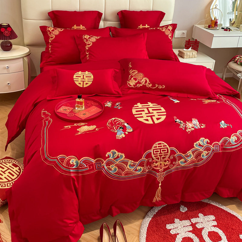 中式百子图刺绣结婚四件套红色床单被套喜S被婚庆床上用品