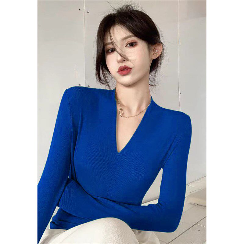 优雅气质蓝色显瘦V领T恤内搭打底衫女春秋新款百搭长袖黑色上衣