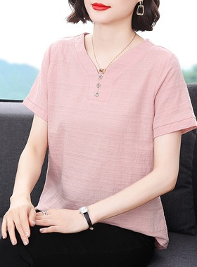 夏装2025新款洋气妈妈纯棉短袖t恤女宽松大码半袖衫薄款竹棉上衣