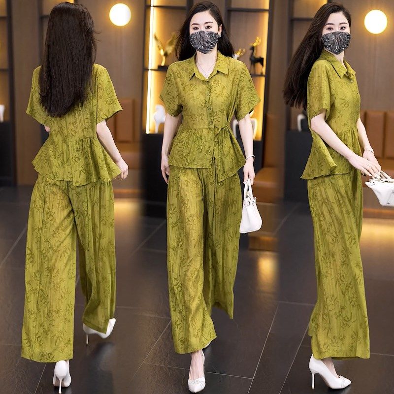 大码女装2025夏季新款时尚套装胖妹妹宽松高档上衣阔腿裤两件套