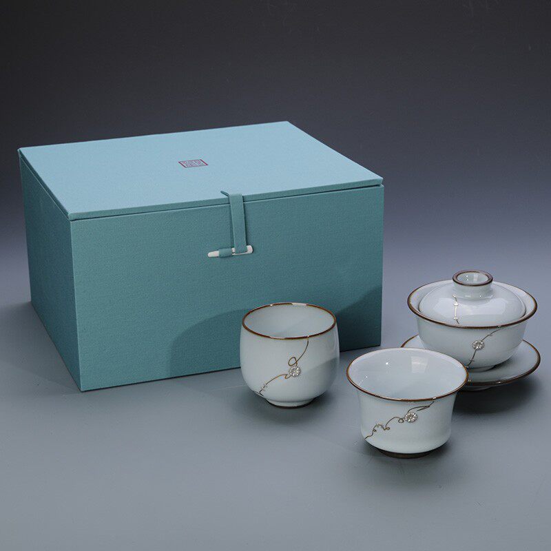 观复博物馆仿官釉锔n瓷盖碗茶杯套装银钉手工品茗可养开片工夫茶