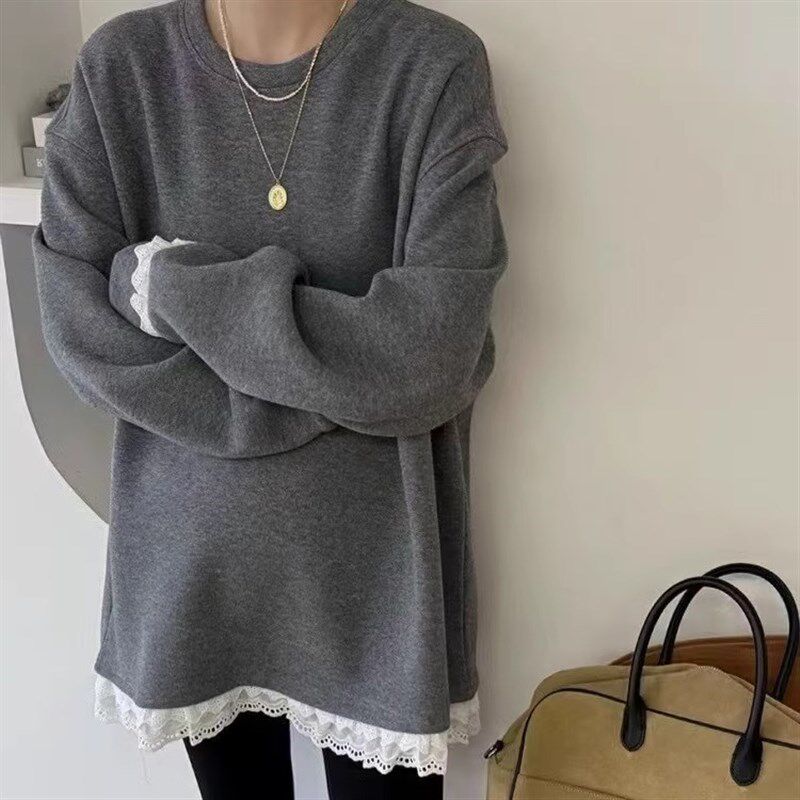 下摆蕾丝花边拼接加绒卫衣女秋冬2024时尚宽松中长款遮屁股慵懒风