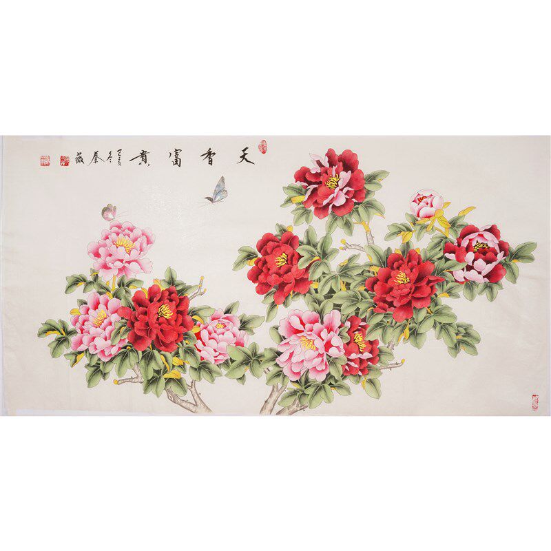 客厅装饰画国画纯手绘牡丹花开富贵餐厅沙发L背景墙秦薇四尺字画0
