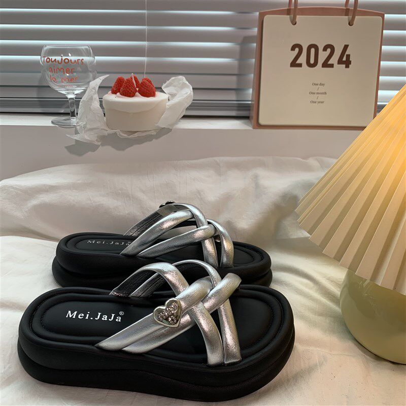 厚底凉拖鞋女春外穿2025年新款增高露趾一字拖踩屎感沙滩休闲拖鞋