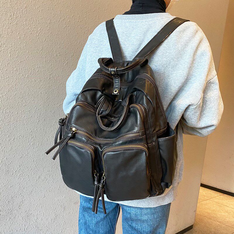 大容量两用手提公文书包耐用水洗皮女包日系复古做旧通勤多袋背包