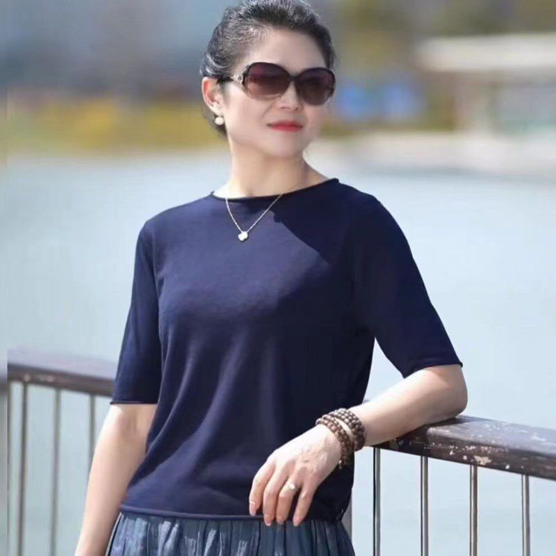 夏季薄款圆领冰丝针织衫女中袖T恤套头宽松显瘦时尚气质上衣百搭